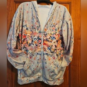 Gorgeous Floral Garden Fleece Lined Hoodie Large Light Gray